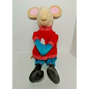 World Market Plush tan mouse red Christmas tree shirt blue pants stripes 21"